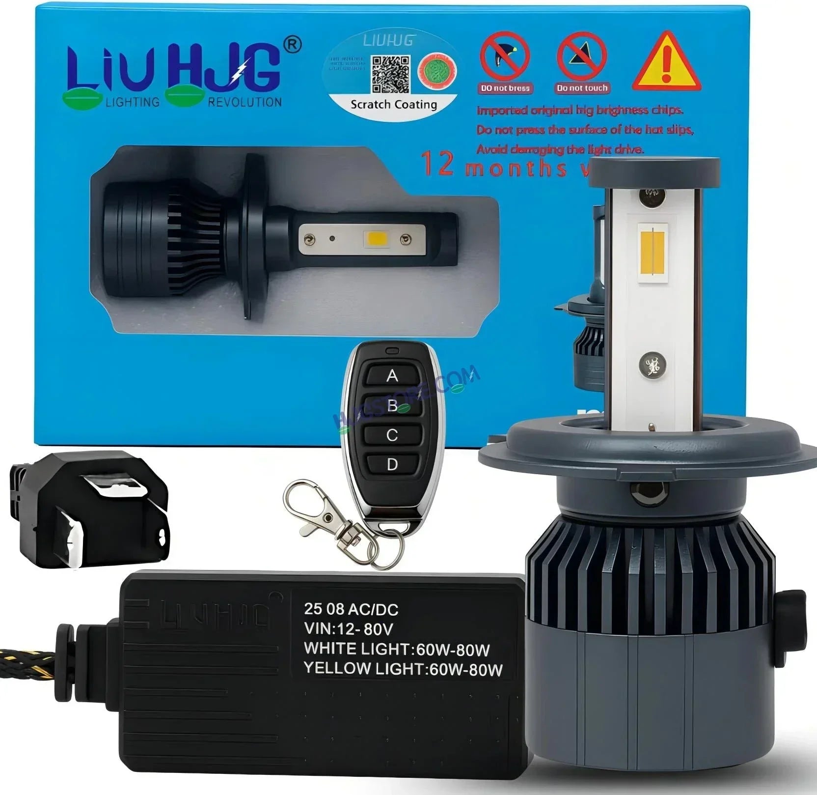 HJG M3 Remote Multi Beam 120W H4 3 in 1 3000K 4300K 6000K LED Bulb AC/DC Headlight White/Yellow/Warm White/Flash Beam 60W + 60W for Bike Car Light H4 LED with Fan Remote Hi/Lo Beam Headlight 12V/24V for Bike/Car, Set of 1, White/Yellow/Warm White Hi/Lo - Biker.Store - www.biker.store