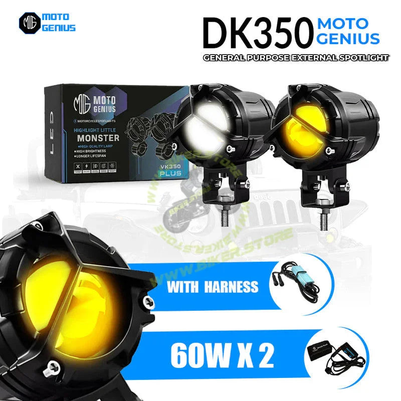 MOTO GENIUS DK350 Y-Type LED Fog Light with Wiring Harness | Korean Chip Laser Light | 2-in-1 Spot & Flood | Yellow & White Dual Color | Wide Coverage | For Bike & Car (Pack of 2) - Biker.Store - www.biker.store