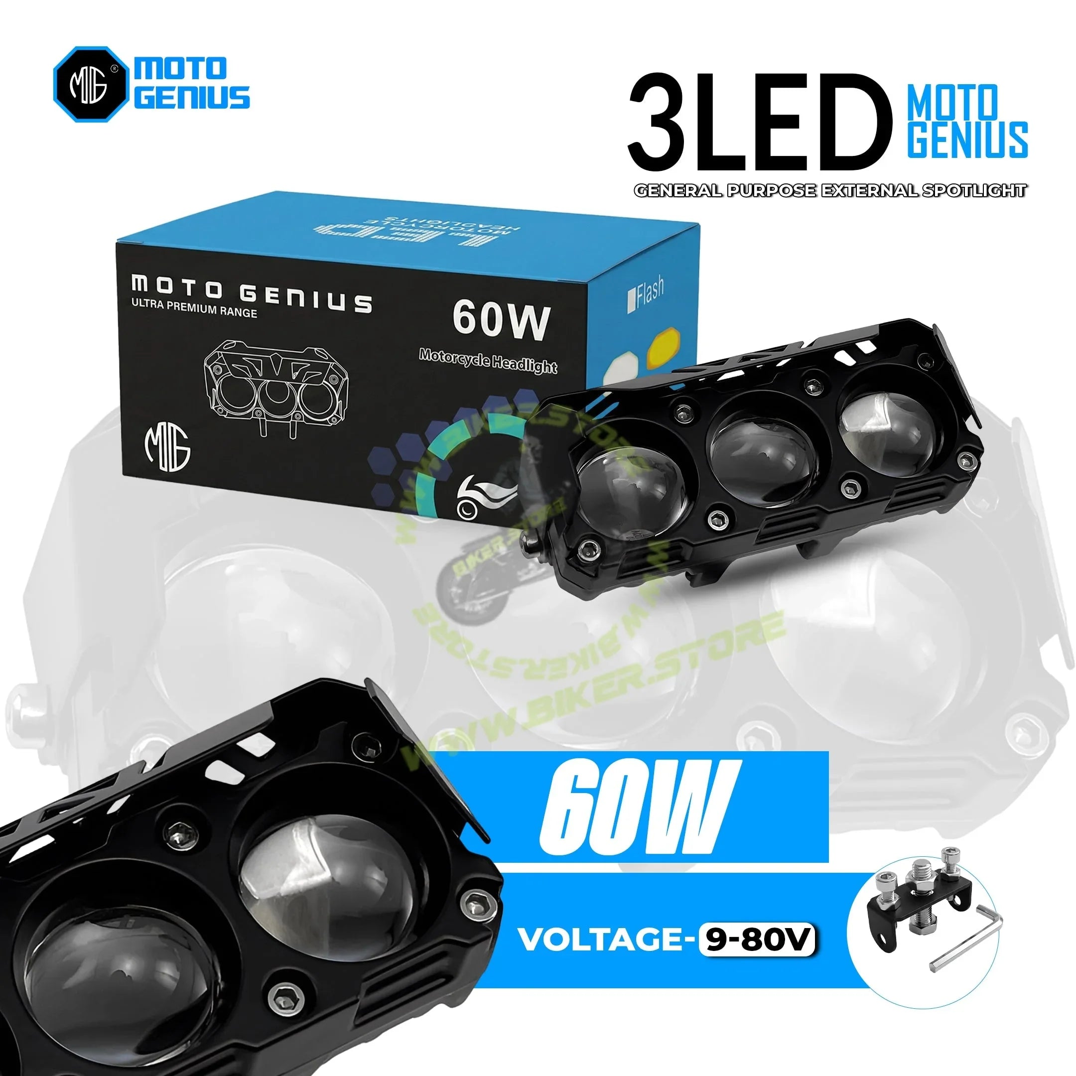MOTO GENIUS 60W Motorcycle Dual Color LED Headlight | 3-LED Mini Projector Spot/Fog Light | Yellow & White Beam | Waterproof Auxiliary Driving Lamp for All Bikes - Biker.Store - www.biker.store