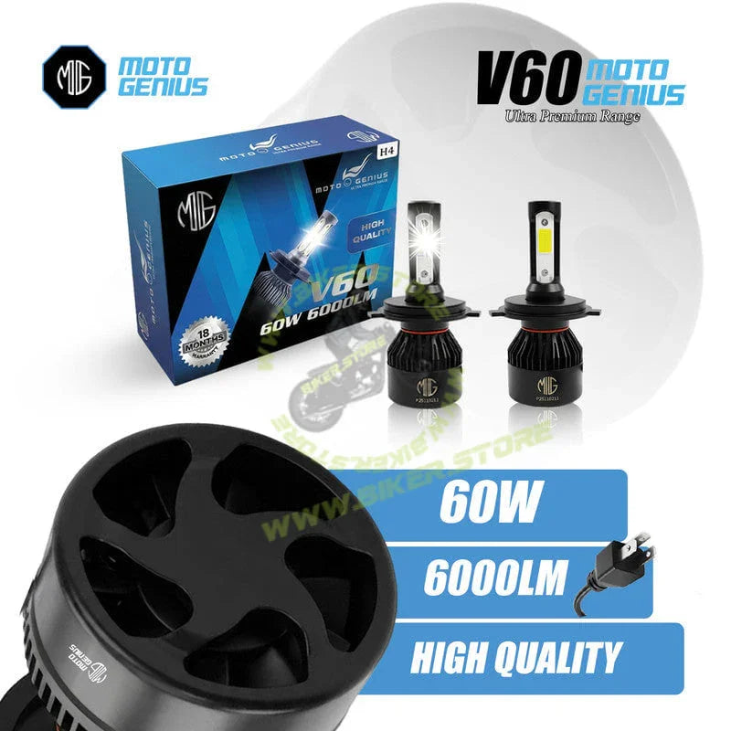 MOTO GENIUS H4 LED Headlight Bulb Hi/Lo Beam 60W (30W+30W) 6000LM, 6500K Cool White, High Brightness with Cooling Fan, Plug & Play for Cars, Bikes & SUVs - Biker.Store - www.biker.store