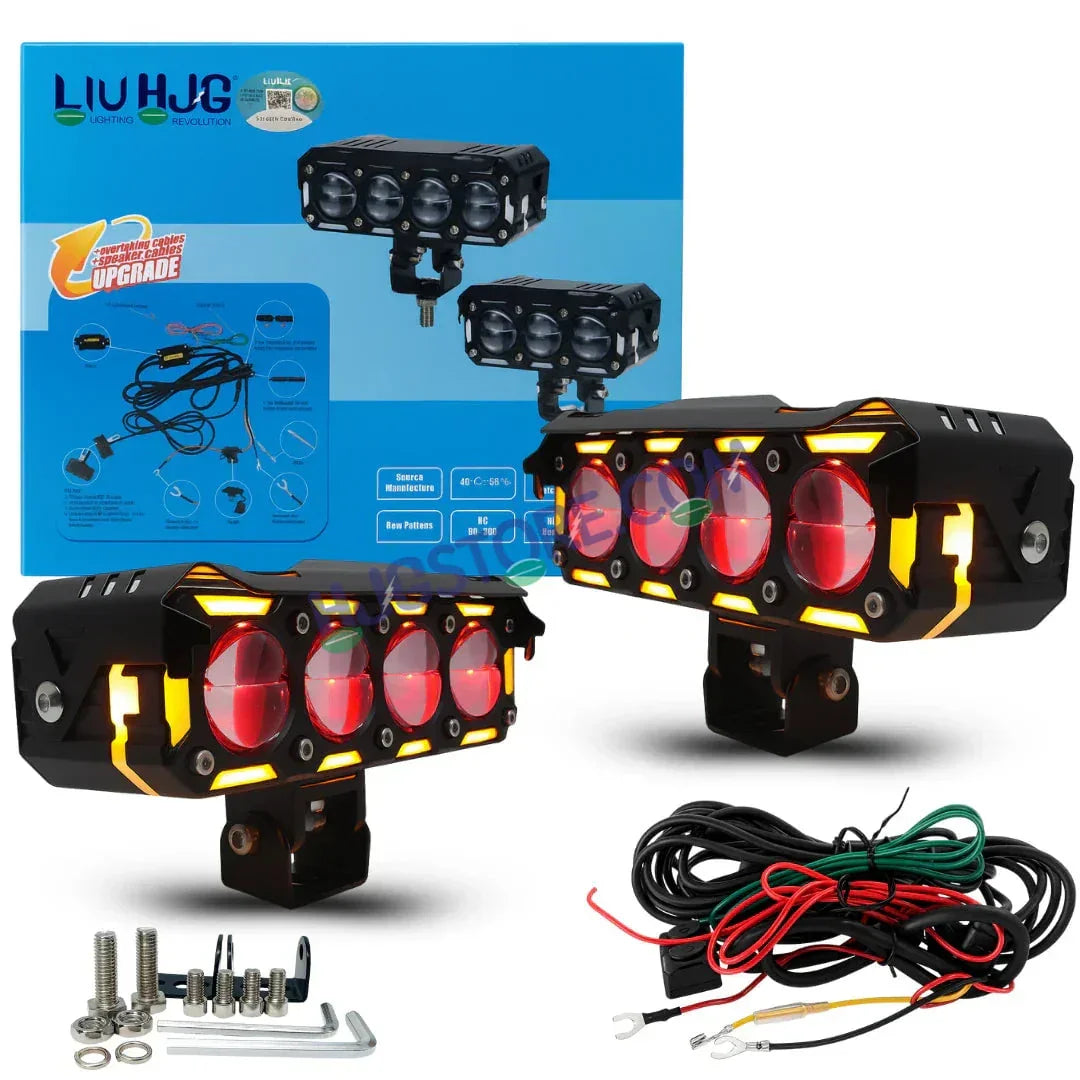 HJG New 300W Future Eyes Ring DRL 4 LED Projector Foglight with Wiring Harness Kit Red DRL/Amber Ring/White/Yellow Light 300W Foglight Ultra Wide Dual Intensity LED Driving Fog Lights Universal For All Cars & Bikes LIU HJG Ring 4 Lens Fog with Wiring Kit - Biker.Store - www.biker.store