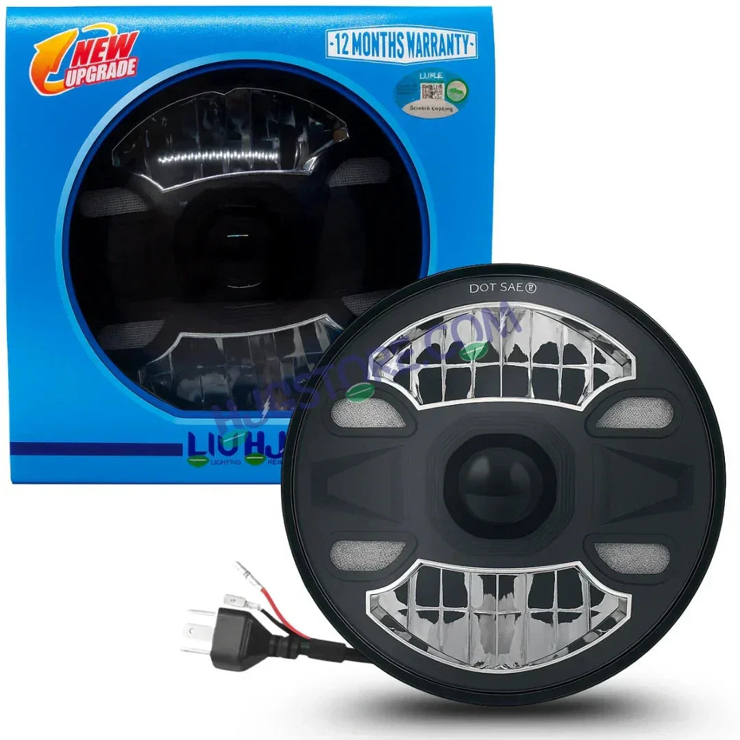 HJG New 4 Dot DRL 100W Projector Ultra Wide 7 Inch Headlight Assembly C-188 White LED Headlight New Model Projector Headlight Assembly for Royal Enfield | 100W CREE/Osram LED Chip Multi color White/Yellow Compatible with Royal Enfield, Jeep, Thar, Gypsy - Biker.Store - www.biker.store