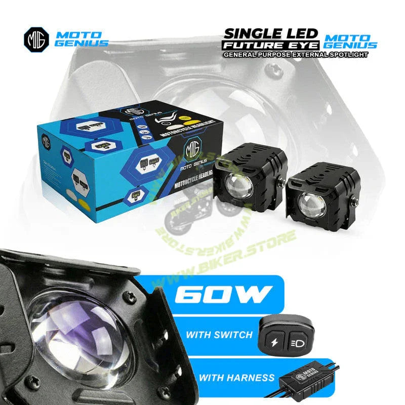 MOTO GENIUS Single LED Future Eye Fog Light 60W with Switch & Wiring Harness, Low/High Beam Combo, IP67 Waterproof, High-Brightness Auxiliary Driving Light (Pack of 2) - Biker.Store - www.biker.store