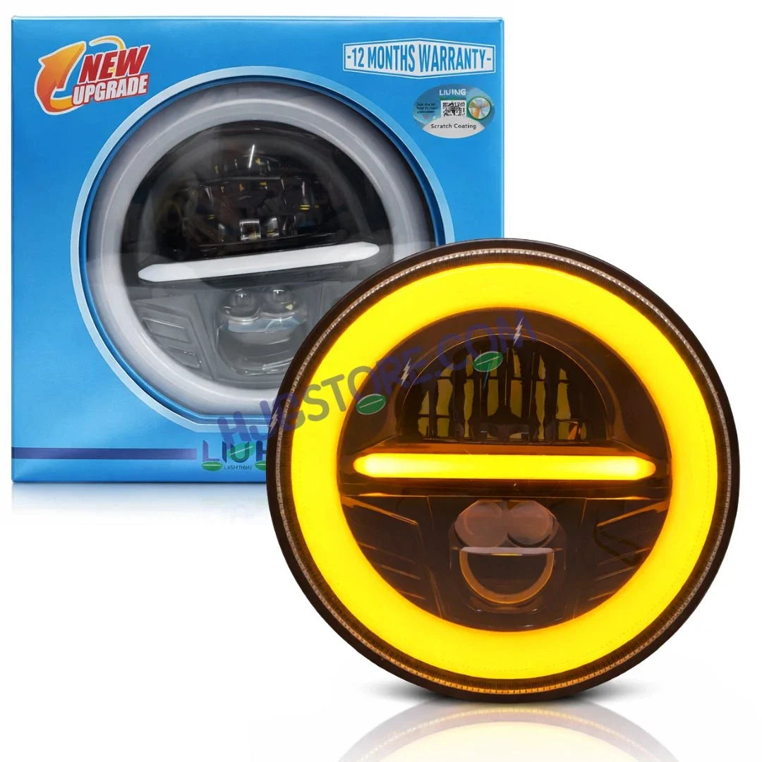 HJG Minus Tri Projector Lens 7 Inch Headlight DRL 107W Projector Ultra Wide 7 Inch Headlight Assembly New Model Projector Headlight Assembly for Royal Enfield Thar | 107W CREE/Osram LED Chip White/Yellow Compatible with Royal Enfield, Jeep, Thar, Gypsy - Biker.Store - www.biker.store