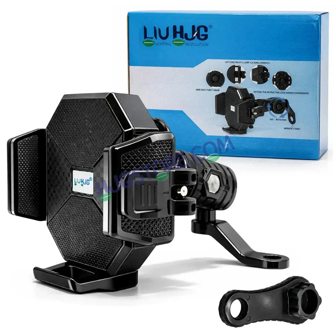 HJG Hexagon R6 Mobile Holder with Mirror Mount for Bike and Scooter, Two Wheelers Universal HJG Hexagon R6 Mirror Mount Mobile Holder Anti-Theft Mobile Holder 360 Degree Rotation Adjustable Size and Locking System LIU HJG Hexagon R6 Mirror Mount Holder - Biker.Store - www.biker.store