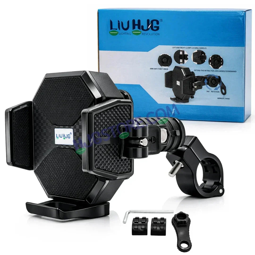 HJG Hexagon R6 Mobile Holder with Handlebar Mount for Bike, Two Wheelers Universal HJG Hexagon R6 Handlebar Mount Mobile Holder Anti-Theft Mobile Holder 360 Degree Rotation Adjustable Size and Locking System LIU HJG Hexagon R6 Bike Handlebar Mount Holder - Biker.Store - www.biker.store
