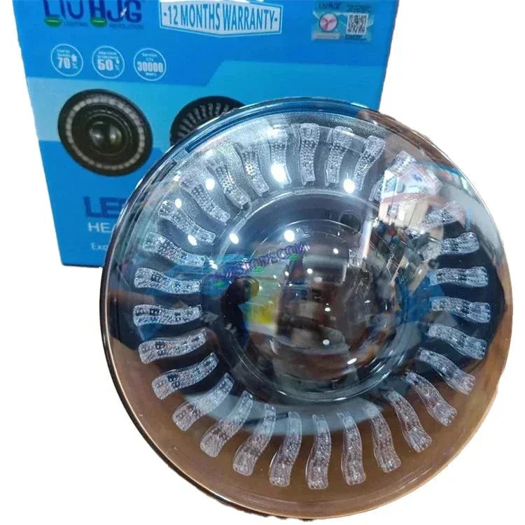 HJG 7 Inch White LED Headlight Chakra Headlight Assembly for Thar Royal Enfield | 75-120W CREE/Osram LED Chip Multi color Compatible with Royal Enfield, Jeep, Thar, Gypsy - Biker.Store - www.biker.store