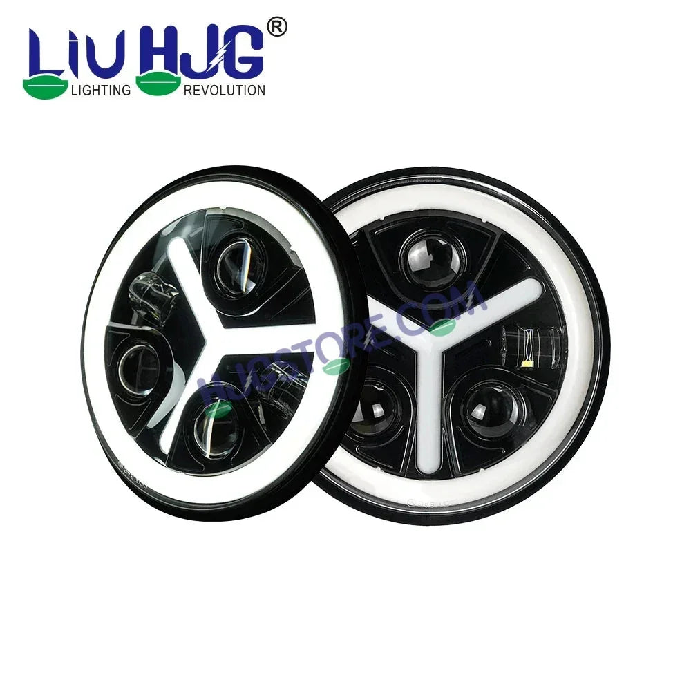 HJG Y Shape 7 Inch Mercedes Benz Headlight Assembly Projector Ultra Wide 7 Inch Headlight Assembly 90W White LED Headlight Assembly for Royal Enfield | 80-100W CREE/Osram LED Chip Multi color White/Yellow Compatible with Royal Enfield, Jeep, Thar, Gypsy - Biker.Store - www.biker.store