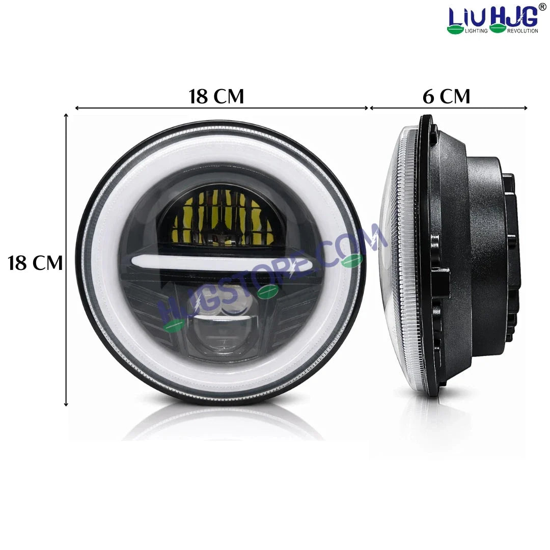 HJG Minus Tri Projector Lens 7 Inch Headlight DRL 107W Projector Ultra Wide 7 Inch Headlight Assembly New Model Projector Headlight Assembly for Royal Enfield Thar | 107W CREE/Osram LED Chip White/Yellow Compatible with Royal Enfield, Jeep, Thar, Gypsy - Biker.Store - www.biker.store