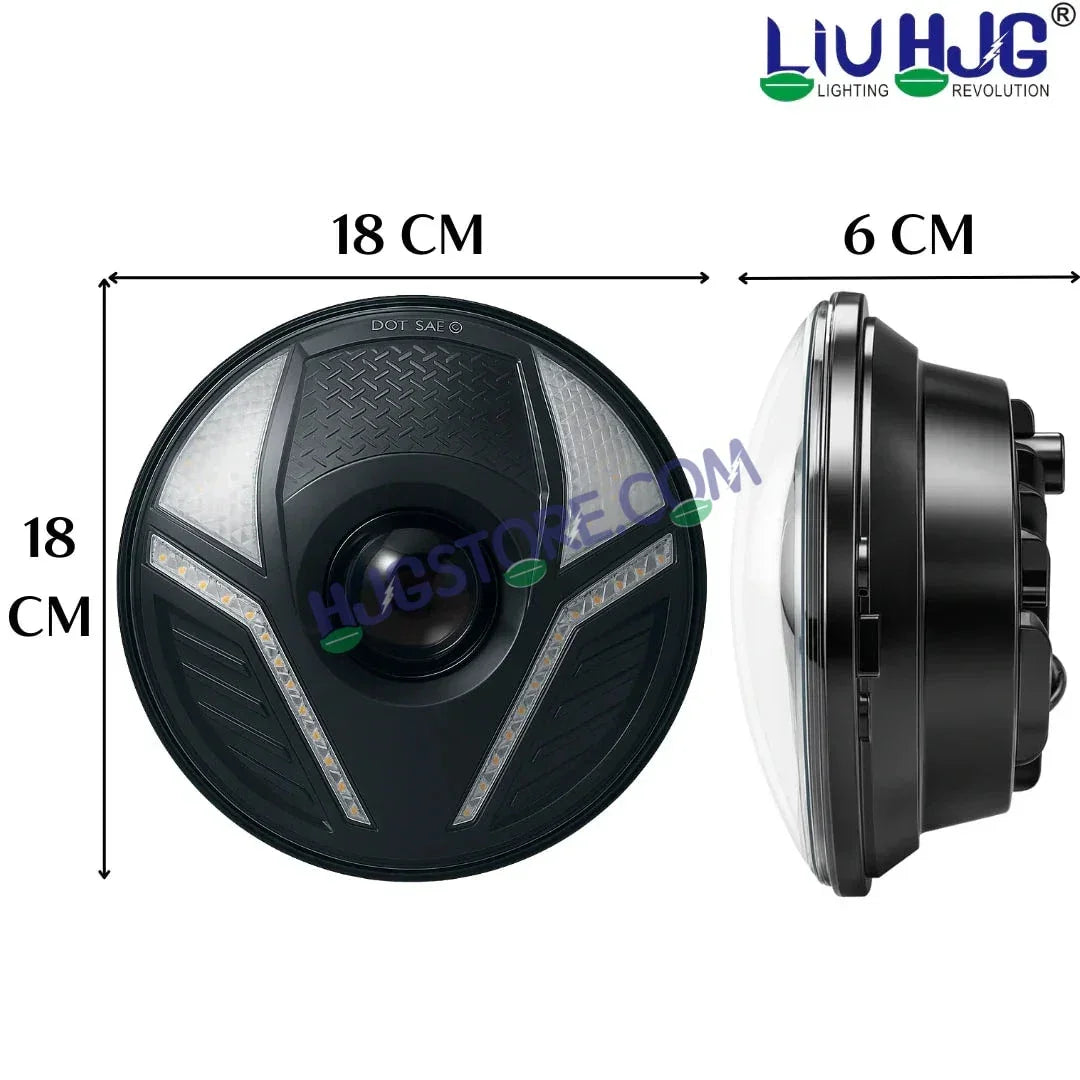HJG Alien 7 Inch Headlight DRL 92W Projector Ultra Wide 7 Inch Headlight Assembly C-286 White LED Headlight New Model Projector Headlight Assembly for Royal Enfield | 92W CREE/Osram LED Chip White/Yellow Compatible with Royal Enfield, Jeep, Thar, Gypsy - Biker.Store - www.biker.store
