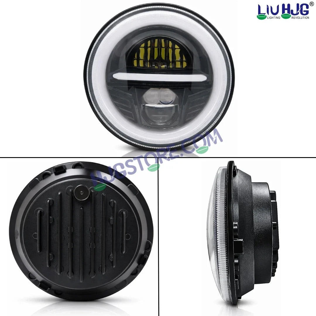 HJG Minus Tri Projector Lens 7 Inch Headlight DRL 107W Projector Ultra Wide 7 Inch Headlight Assembly New Model Projector Headlight Assembly for Royal Enfield Thar | 107W CREE/Osram LED Chip White/Yellow Compatible with Royal Enfield, Jeep, Thar, Gypsy - Biker.Store - www.biker.store