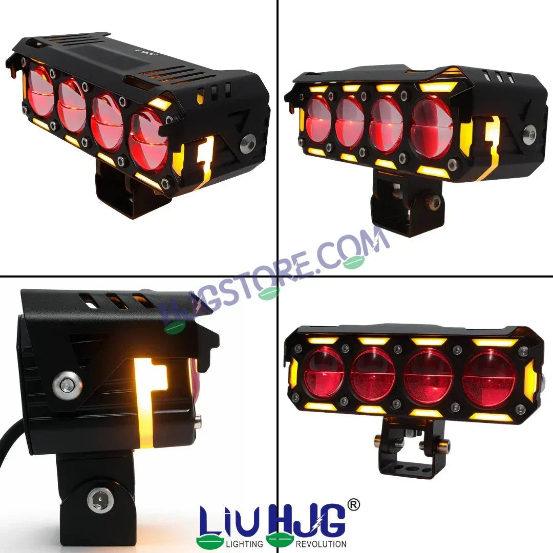 HJG New 300W Future Eyes Ring DRL 4 LED Projector Foglight with Wiring Harness Kit Red DRL/Amber Ring/White/Yellow Light 300W Foglight Ultra Wide Dual Intensity LED Driving Fog Lights Universal For All Cars & Bikes LIU HJG Ring 4 Lens Fog with Wiring Kit - Biker.Store - www.biker.store