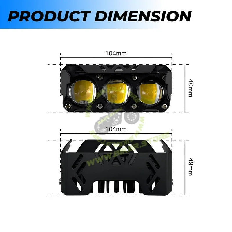 MOTO GENIUS 60W Motorcycle Dual Color LED Headlight | 3-LED Mini Projector Spot/Fog Light | Yellow & White Beam | Waterproof Auxiliary Driving Lamp for All Bikes - Biker.Store - www.biker.store