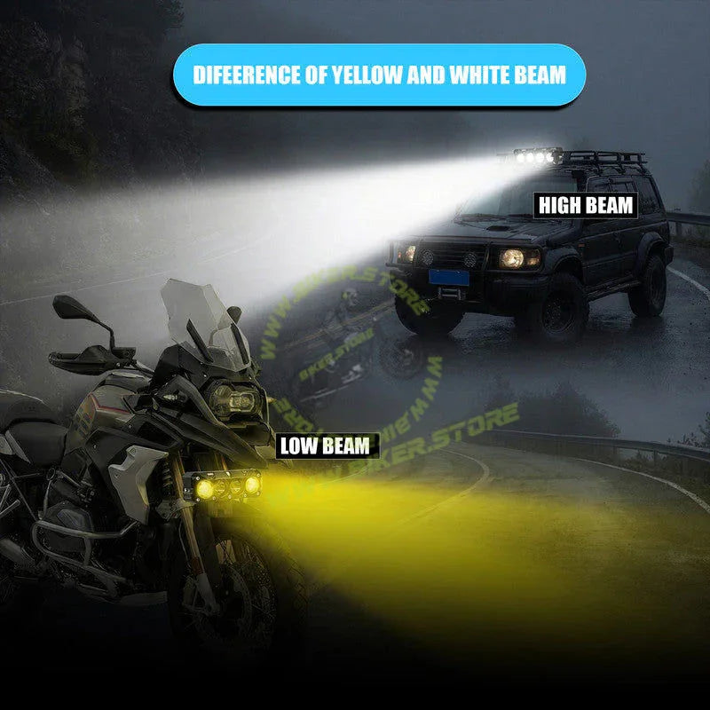 Moto Genius JX-130 WITHOUT HARNESS 40W Dual Color LED Fog Light for Motorcycles | 2 LED Dual Beam White & Yellow | Waterproof Auxiliary Driving Lamp (Pack of 2) - Biker.Store - www.biker.store