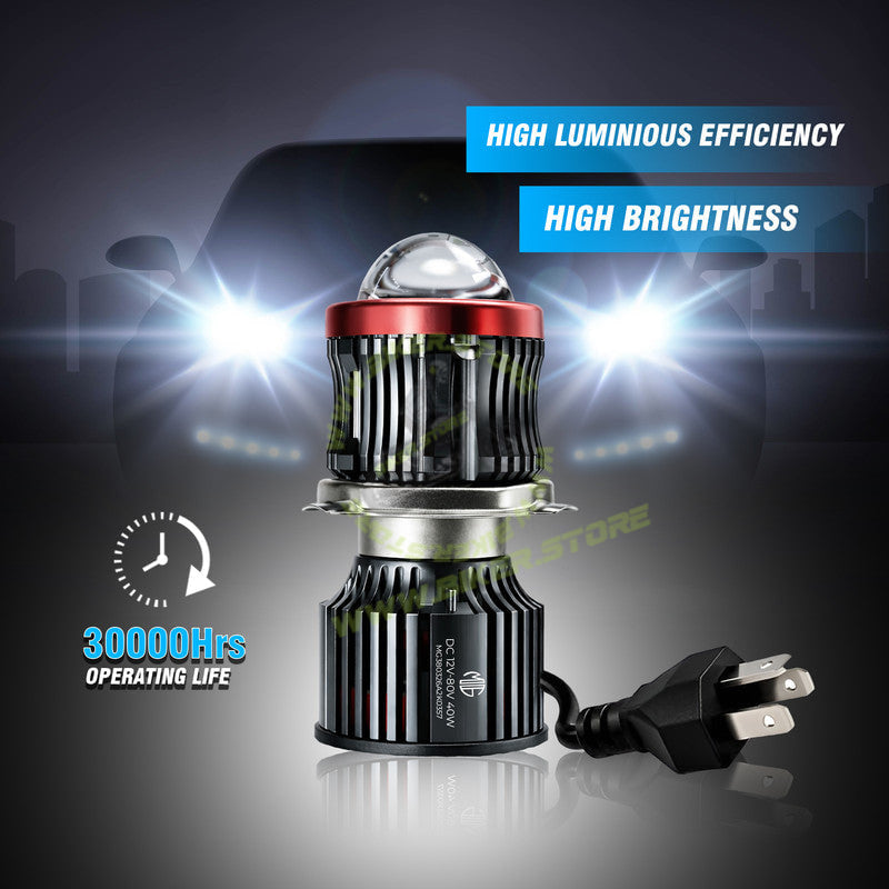 MOTO GENIUS H4 40W LED Projector Lens Headlight for Bike & Scooter, White & Yellow Dual Color with Flashing Mode, 12V–80V Waterproof Auxiliary Light with Cooling Fan