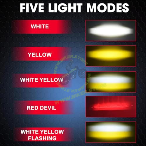 Super Bright 5 LED Powerful Focus Fog Light for Bikes and Car 12V-80V | Devil Eye Fog Lamp | Reflecting 5 in 1 Mode White, Yellow, Red, Yellow & White and Y&W Flashing (PACK OF 2)|B0FGJXV212