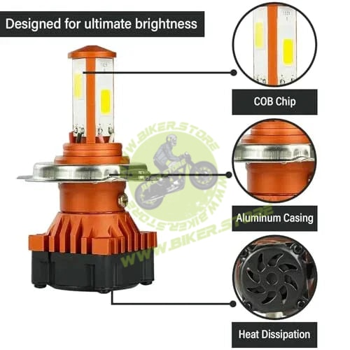 CYT 40W H4 LED Front Power Headlight DC 8V-48V High Brightness Bulb with 3 Side Cobe Cooling Fan & Conversion Kit High/Low Beam Light Universal For All Bike Motorcycle Scooty (Pack of 1, White) - Biker.Store - www.biker.store