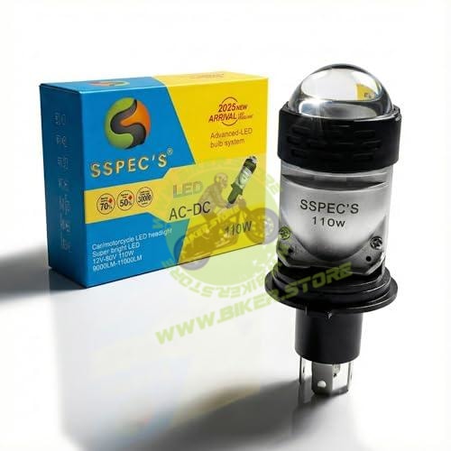 SSPEC H4 Dual Lens Projector LED Headlight Bulb - 6500K Super Bright White, Hi/Lo Beam, High Power CSP Chips, Universal Metal Body for All Bikes & Scooters (SSPEC) - Biker.Store - www.biker.store