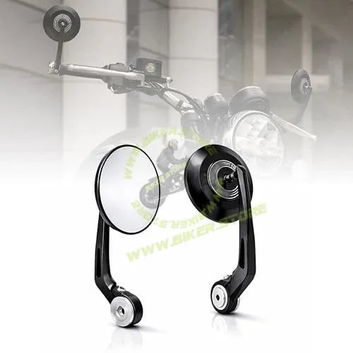 Universal Premium Motorcycle Bar End Mirrors | Handlebar End Rear View Side Mirrors with Round Wide Angle Glass | CNC Aluminum | Black (Pair) | Compatible with All RE Bikes - Biker.Store - www.biker.store