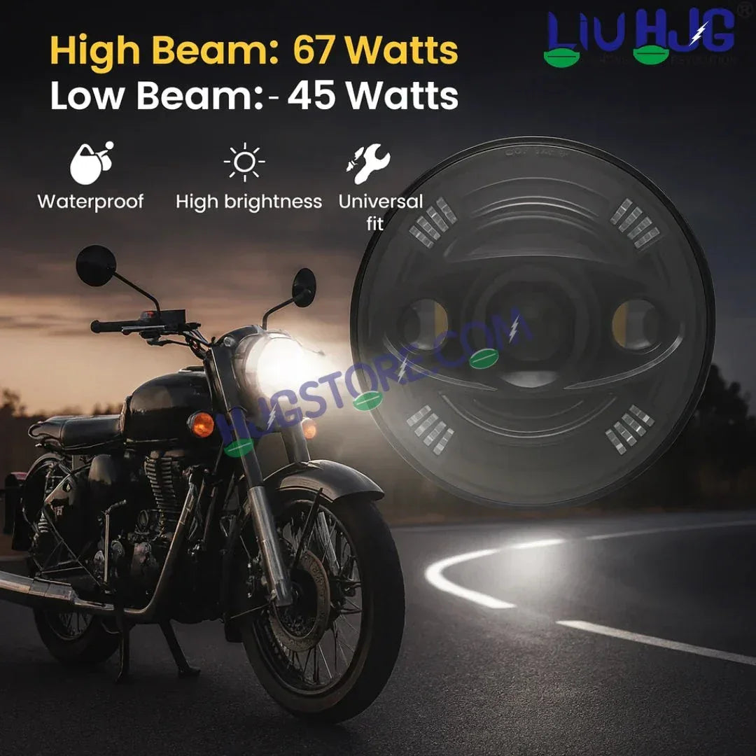 HJG New 100W Tri Projector 7 Inch Headlight Assembly C-194 100W White LED Headlight New Model 3 Projector Lens Headlight Assembly for Royal Enfield | 80-100W CREE/Osram LED Chip Multi color White/Yellow Compatible with Royal Enfield, Jeep, Thar, Gypsy - Biker.Store - www.biker.store