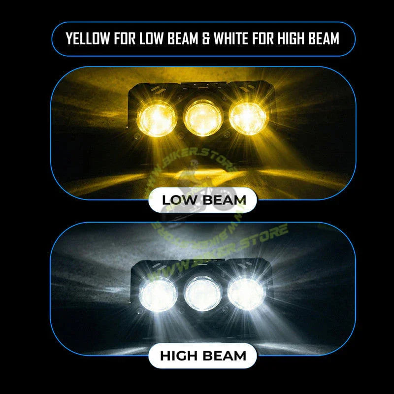 MOTO GENIUS 60W Motorcycle Dual Color LED Headlight | 3-LED Mini Projector Spot/Fog Light | Yellow & White Beam | Waterproof Auxiliary Driving Lamp for All Bikes - Biker.Store - www.biker.store