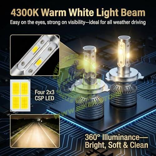 SSPEC H4 LED Headlight Bulbs For Car, 15000lm, 4300K Warm White, 350W, Hi/Lo Beam, 30000hr Lifespan, Pack of 2 - Biker.Store - www.biker.store
