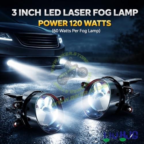 HJG 3 Inch LED Projector Lens Laser Fog Lamp with Cap Waterproof & Heat Dissipation 120W 12V DC Power Yellow White & Red Devil Eye Light Reflection Universal Fit All Bikes & Cars Model Pack of 2 - Biker.Store - www.biker.store