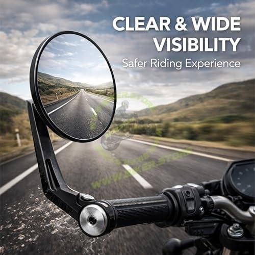 Universal Premium Motorcycle Bar End Mirrors | Handlebar End Rear View Side Mirrors with Round Wide Angle Glass | CNC Aluminum | Black (Pair) | Compatible with All RE Bikes - Biker.Store - www.biker.store