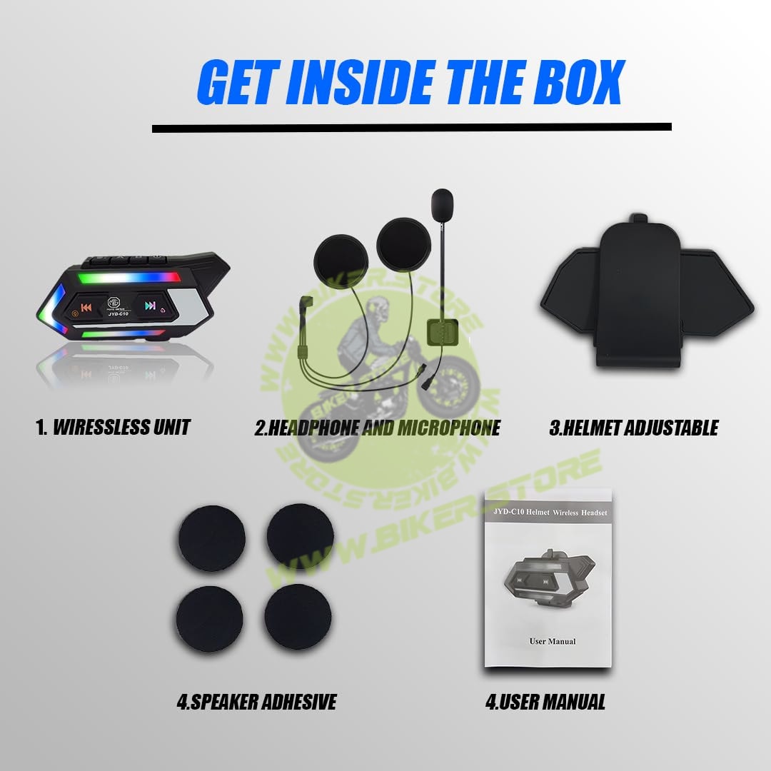 MOTO GENIUS JYD-C10 Motorcycle Bluetooth Headset for Helmet | Dual Earphones with Mic, Hands-Free Calling, Music Control, Connects 2 Phones, Long Battery Life, Compatible with iOS & Android Devices - Biker.Store - www.biker.store