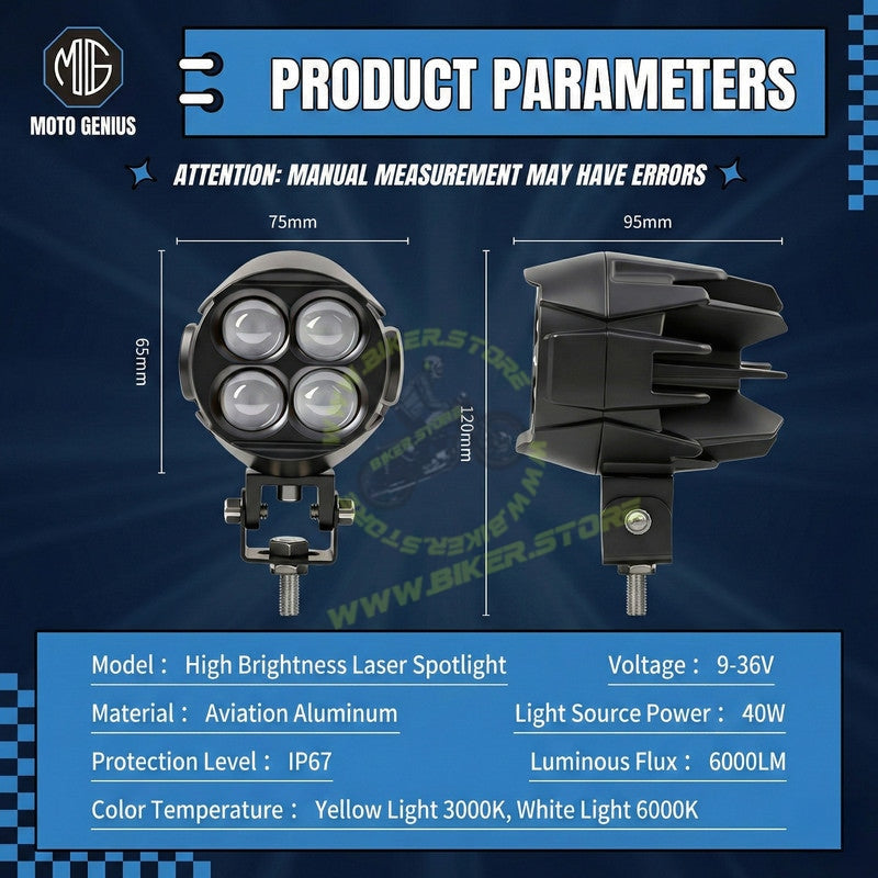 MOTO GENIUS Dual Color DRL Laser Shooting Headlight, 4 LED High Intensity Spot Light, 9–36V Off-Road Fog Lamp for Truck, Motorcycle, Car & Boat (Pack of 2)