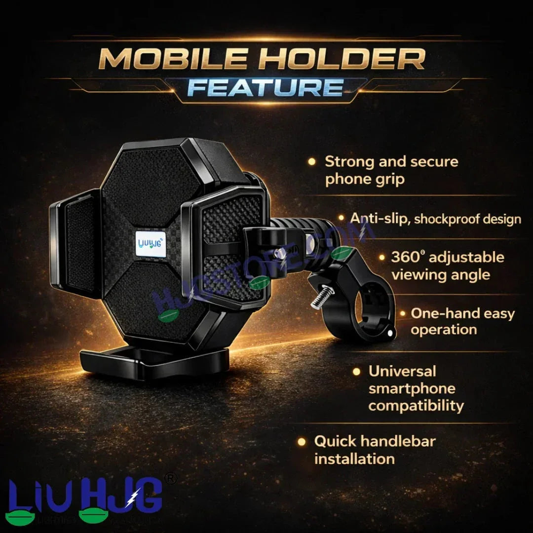 HJG Hexagon R6 Mobile Holder with Handlebar Mount for Bike, Two Wheelers Universal HJG Hexagon R6 Handlebar Mount Mobile Holder Anti-Theft Mobile Holder 360 Degree Rotation Adjustable Size and Locking System LIU HJG Hexagon R6 Bike Handlebar Mount Holder - Biker.Store - www.biker.store