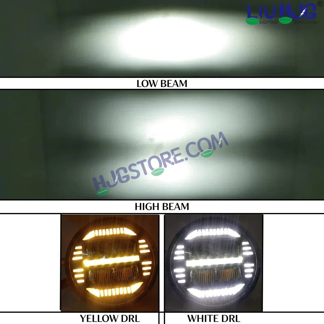 HJG 7 Inch New Minus White LED Headlight New Model Minus Headlight Assembly for Thar Royal Enfield | 75-120W CREE/Osram LED Chip Multi color Compatible with Royal Enfield, Jeep, Thar, Gypsy - Biker.Store - www.biker.store