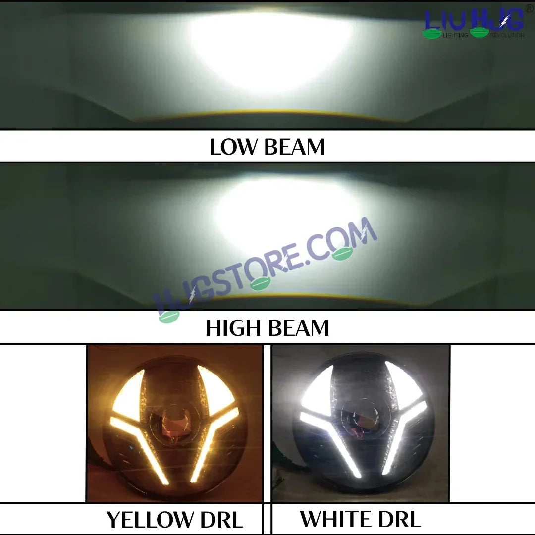 HJG Alien 7 Inch Headlight DRL 92W Projector Ultra Wide 7 Inch Headlight Assembly C-286 White LED Headlight New Model Projector Headlight Assembly for Royal Enfield | 92W CREE/Osram LED Chip White/Yellow Compatible with Royal Enfield, Jeep, Thar, Gypsy - Biker.Store - www.biker.store