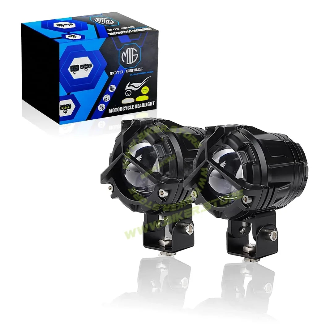 MOTO GENIUS 60W (Per Piece) LED Fog Lights ( without harness ) for Bike, Car, Motorcycle | Dual Color White & Yellow Projector Lights, Waterproof Y Shape Laser Beam Driving Lamps, High Brightness, Universal Fit (Pack of 2) - Biker.Store - www.biker.store