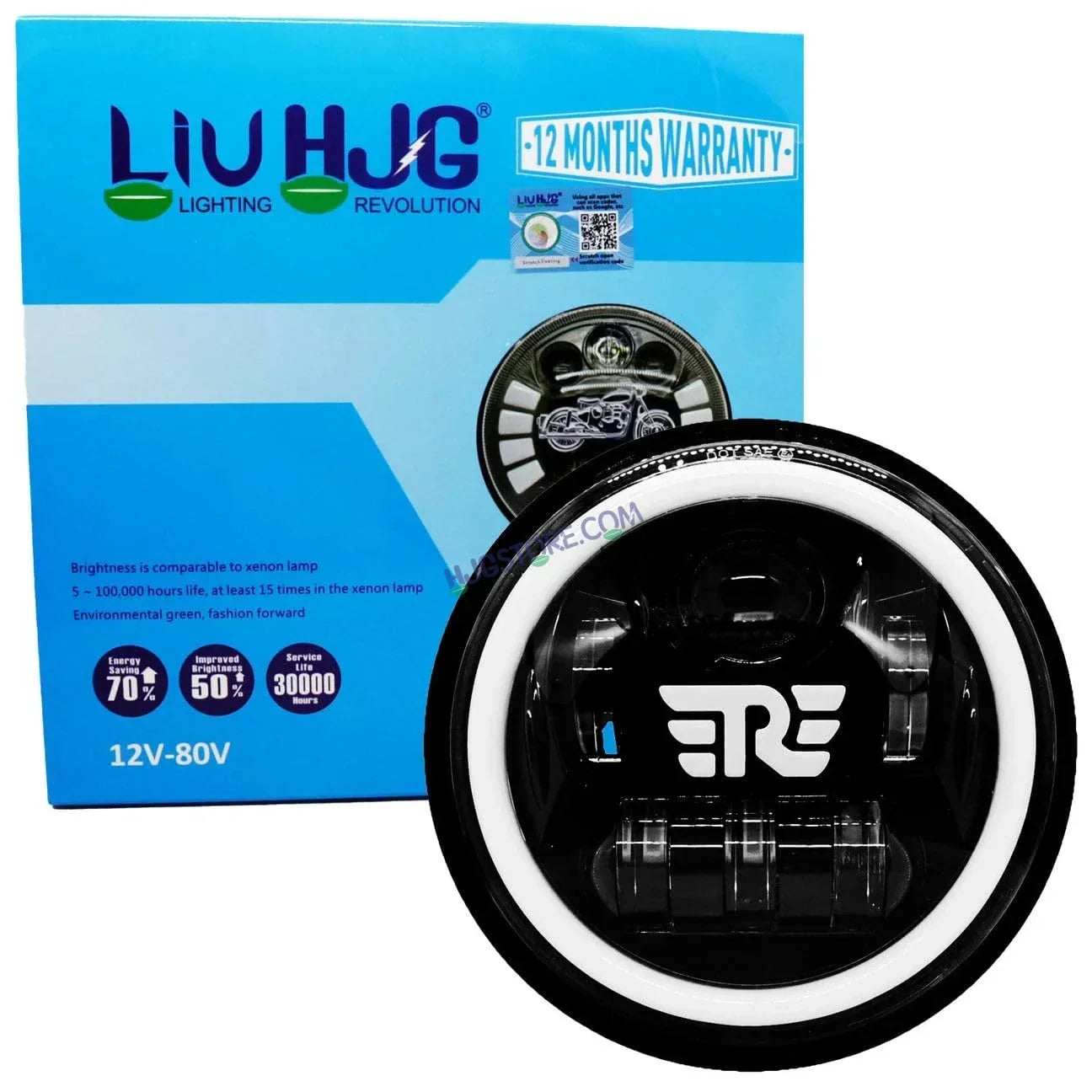 HJG 7 Inch RE Logo White LED Headlight New Model RE Logo Headlight Assembly for Royal Enfield | 75-90W CREE/Osram LED Chip Multi color Compatible with Royal Enfield, Jeep, Thar, Gypsy - Biker.Store - www.biker.store