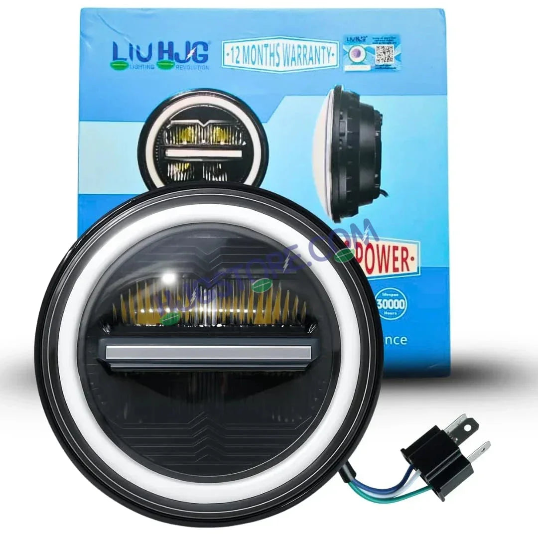 HJG 7 Inch 75W Minus New Model 75W Low Beam 110W Hi Beam LED Headlight Assembly White 7 Inch Round Motorcycle Lights For Jeeps Universal Car Compatible with Royal Enfield, Jeep & Harley Davidson LIU HJG New Box Minus 7 Inch - Biker.Store - www.biker.store
