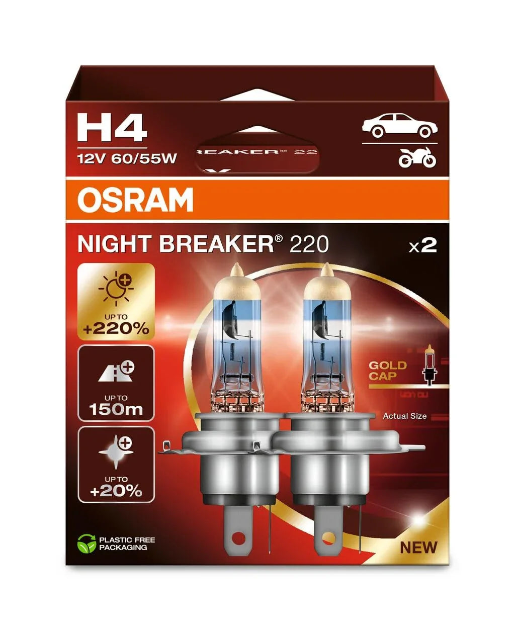 OSRAM H4 Night Breaker Laser +220% Headlight Bulb, 60/55W, 3900K, Pair - Biker.Store - www.biker.store