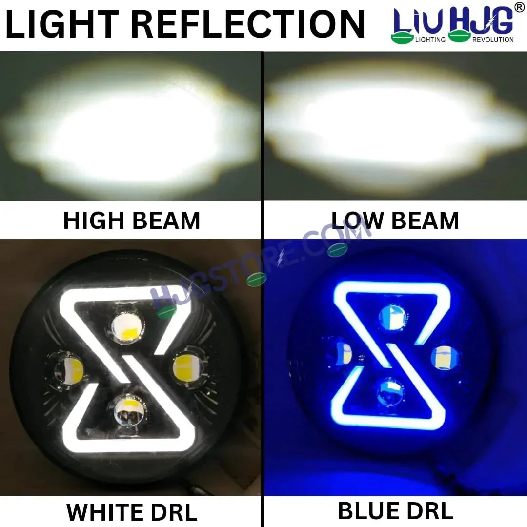 HJG 7 Inch Z Shape Animated Blue DRL White LED Headlight New Model Z Shape Headlight Assembly for Thar Royal Enfield | 75-120W CREE/Osram LED Chip Multi color Compatible with Royal Enfield, Jeep, Thar, Gypsy - Biker.Store - www.biker.store
