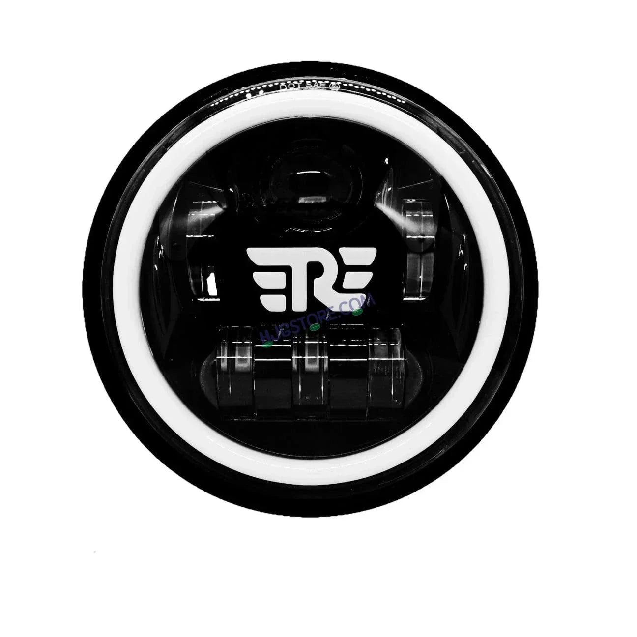 HJG 7 Inch RE Logo White LED Headlight New Model RE Logo Headlight Assembly for Royal Enfield | 75-90W CREE/Osram LED Chip Multi color Compatible with Royal Enfield, Jeep, Thar, Gypsy - Biker.Store - www.biker.store