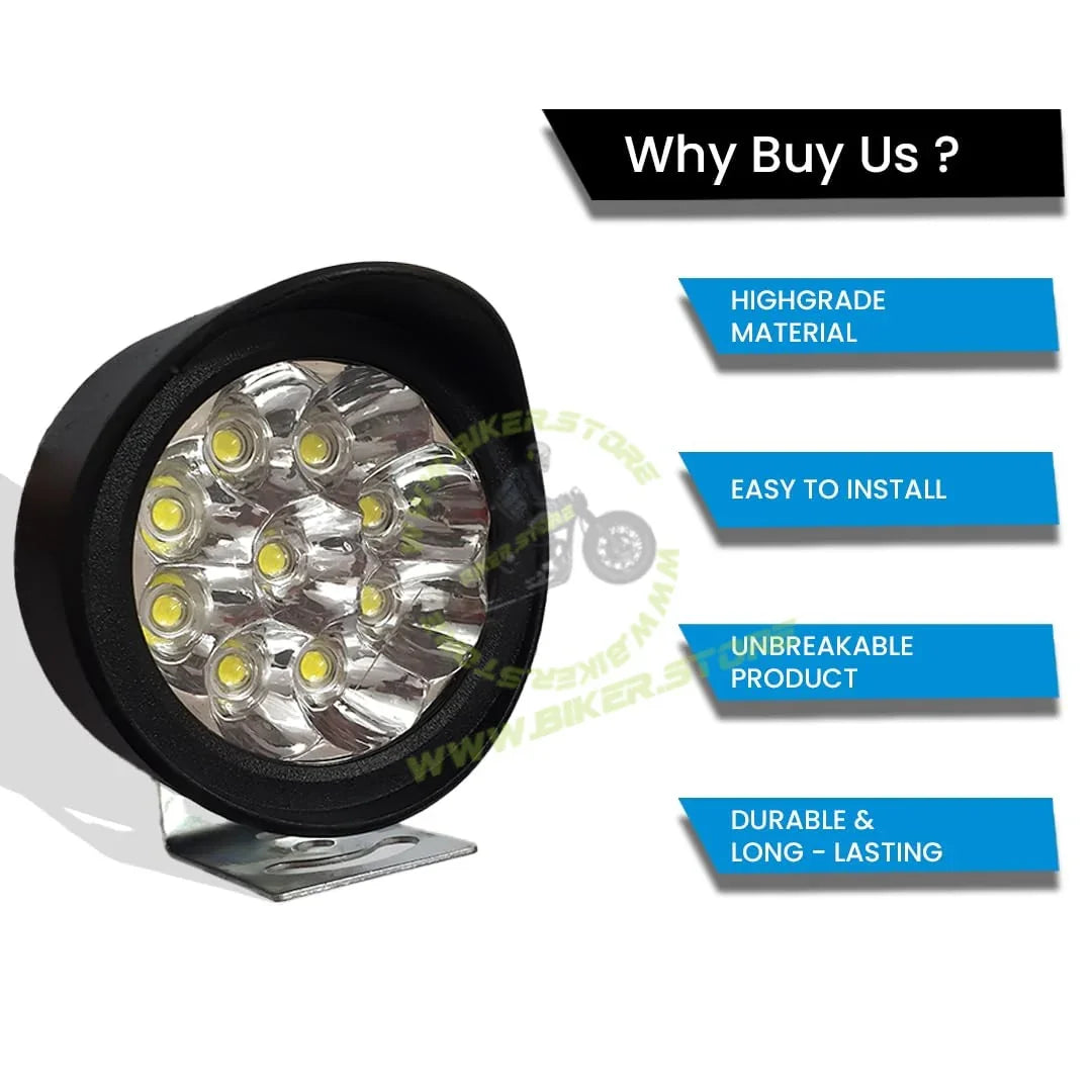 MOTO GENIUS 9 LED Round Fog Lights for Bikes | High Power, Universal Fit, Heavy Clamp, Strong Aluminum Body, Waterproof Driving Light for Motorcycle/Scooty - Biker.Store - www.biker.store