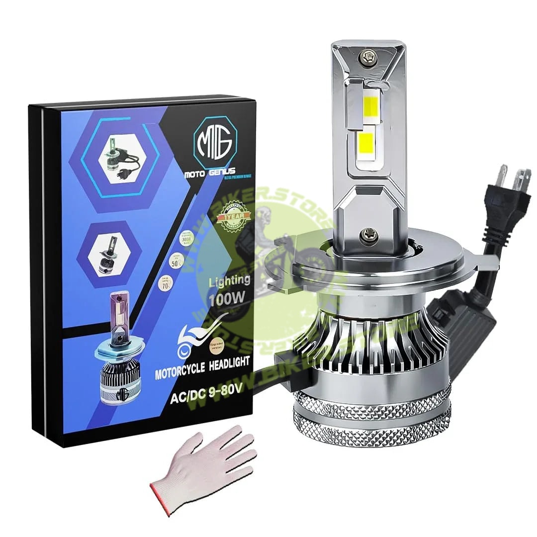 MOTO GENIUS Super Bright 100W LED Headlight Conversion Kit for Car & Motorbike | Waterproof, High Performance, Energy Efficient, Steel & Aluminium Housing – Easy Install(H4) - Biker.Store - www.biker.store