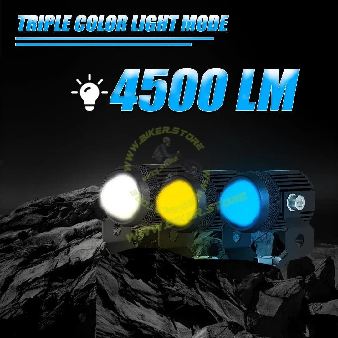 MOTO GENIUS LED Fog Lights with Switch for Car Motorcycle Scooter | 2PCS 20W Each (40W Total), Triple Color White Yellow Blue, Hi/Lo Beam, Waterproof, Universal for Car & Motorcycle | Pack of 2 - Biker.Store - www.biker.store