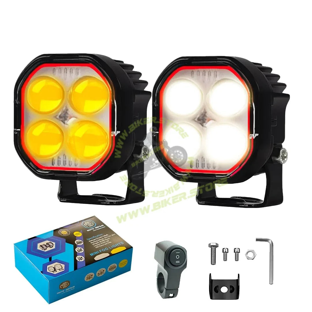 MOTO GENIUS 4 Lens LED Fog Light for Bike, Scooter & Car | Waterproof Spotlight with High/Low Beam, 12-80V Universal Fit, Dual Color ( & ) – Pack of 2 - Biker.Store - www.biker.store