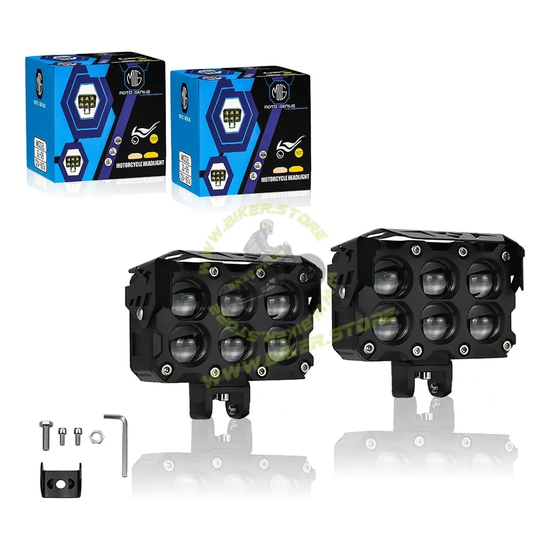 MOTO GENIUS 60W Super Bright 6 LED Fog Light | Dual Color Yellow & White | High/Low Beam | Waterproof Aluminum Housing | Universal Fit for Car & Motorcycle (Pack of 2) - Biker.Store - www.biker.store