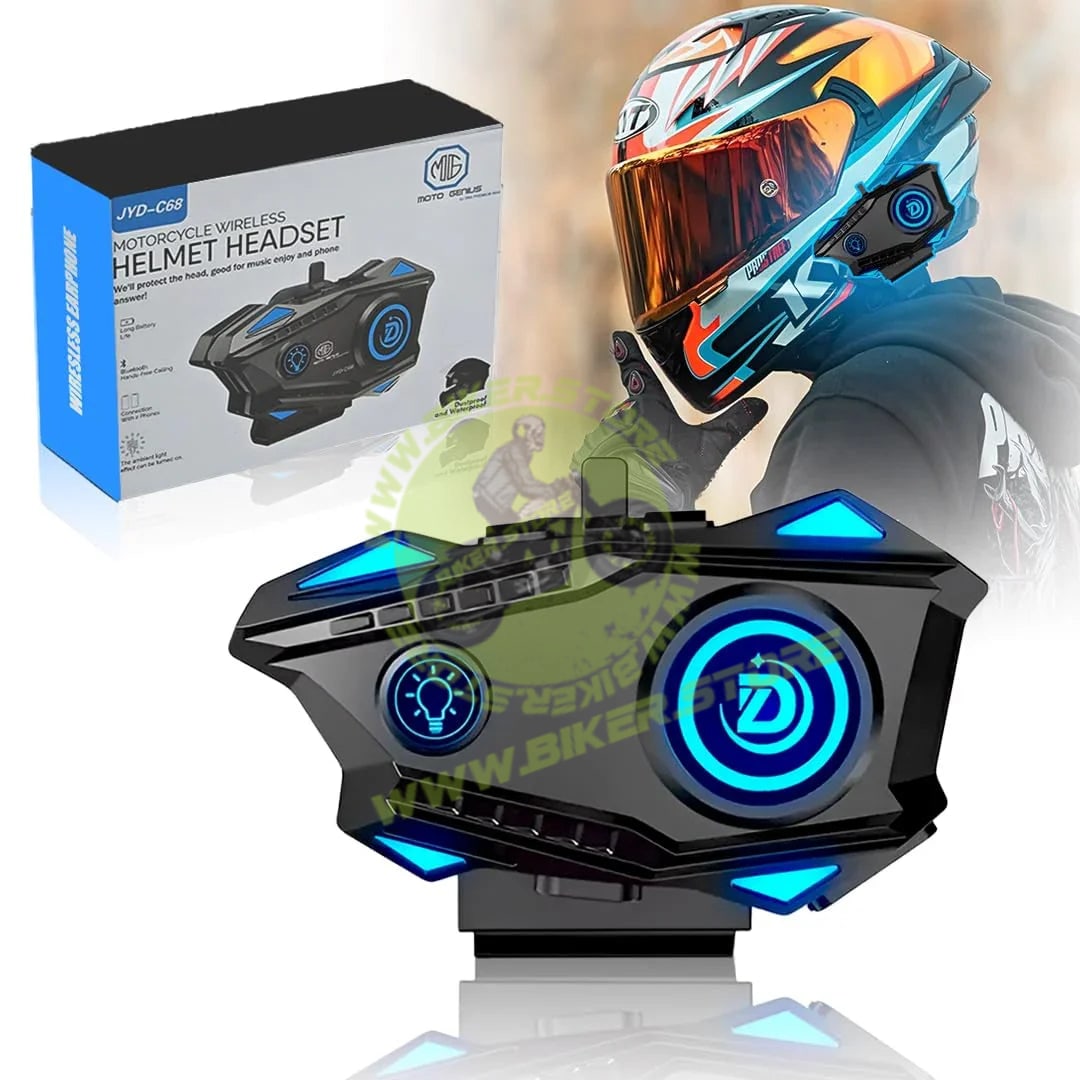 MOTO GENIUS JYD-C68 Bluetooth Helmet Headset for Motorcycle Riders | Wireless Hands-Free Music & Call System, Noise Reduction Mic, Waterproof IPX56, 25H Battery, RGB Light - Biker.Store - www.biker.store