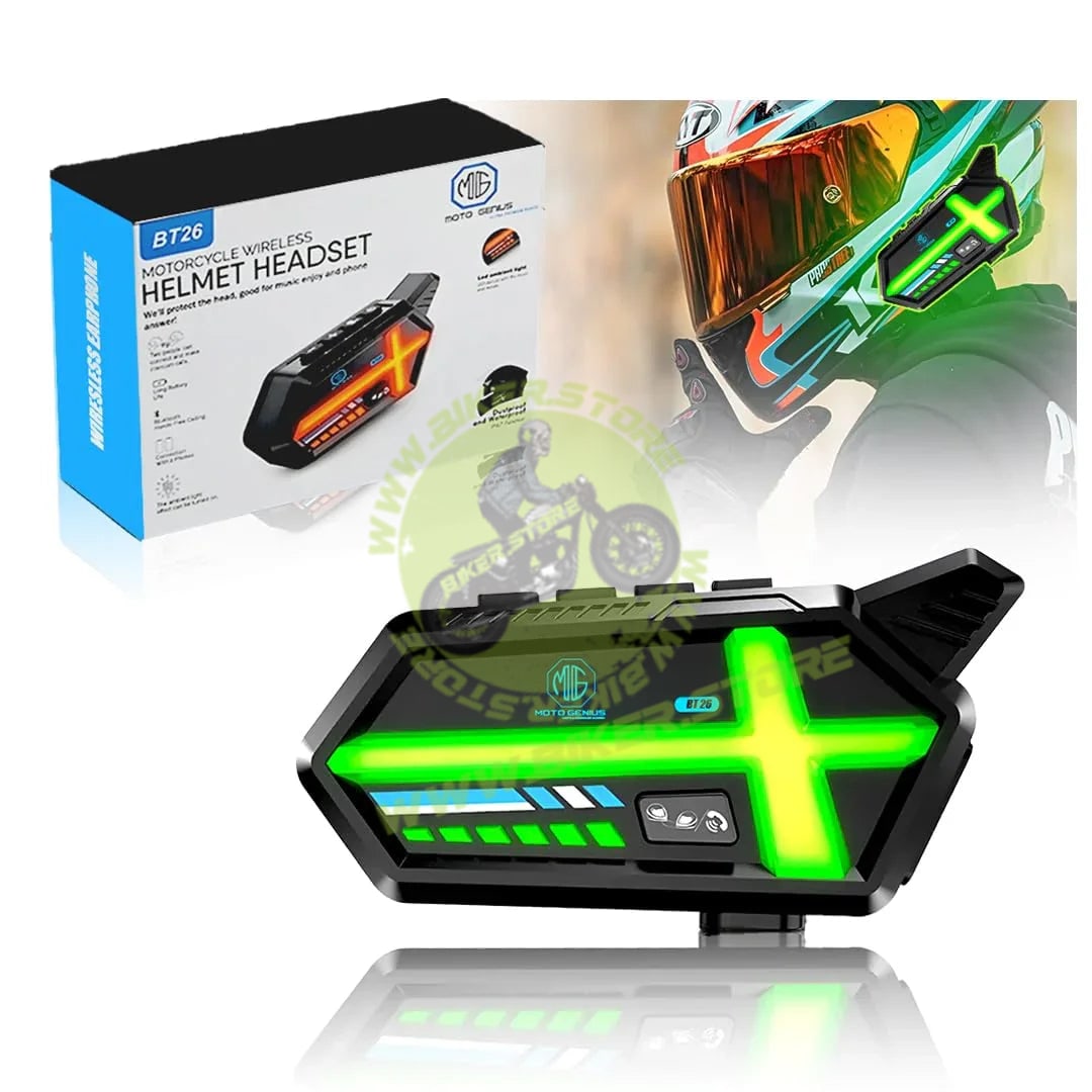 MOTO GENIUS BT26 Motorcycle Helmet Bluetooth Headset, 800m Intercom, Dual Phone Connection, Noise Cancelling Mic, 4-Color LED Light (5 Modes), IP64 Waterproof, Long Battery, Universal Fit - Biker.Store - www.biker.store