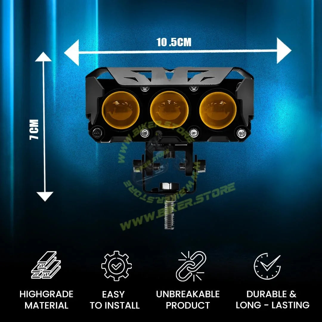 MOTO GENIUS Super Bright 3 LED Fog Light | Dual Mode Yellow & White Changing Light, High/Low Beam, Aluminum Body, Universal Fit for Motorcycle & Car - Biker.Store - www.biker.store