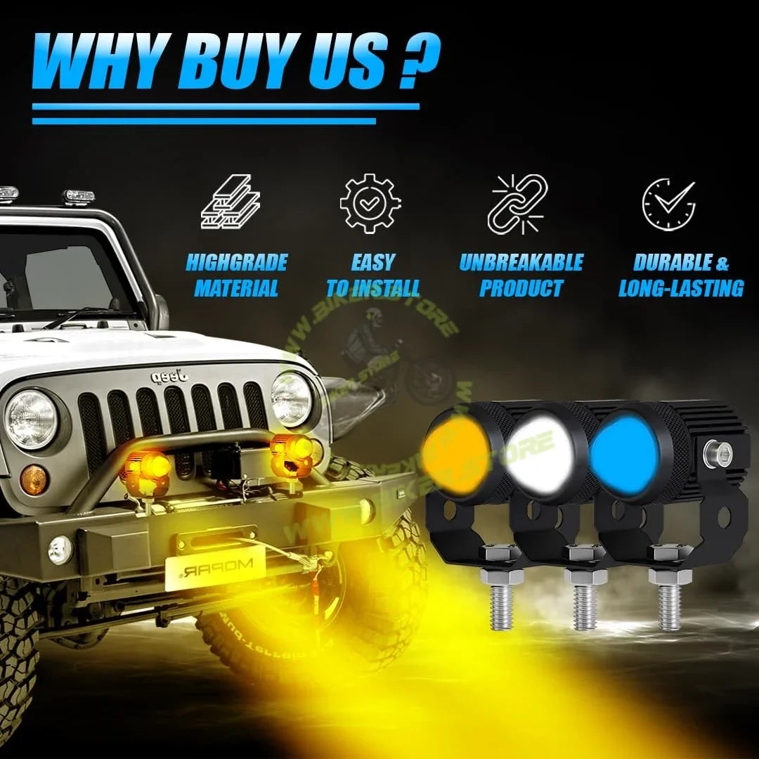 MOTO GENIUS LED Fog Lights with Switch for Car Motorcycle Scooter | 2PCS 20W Each (40W Total), Triple Color White Yellow Blue, Hi/Lo Beam, Waterproof, Universal for Car & Motorcycle | Pack of 2 - Biker.Store - www.biker.store