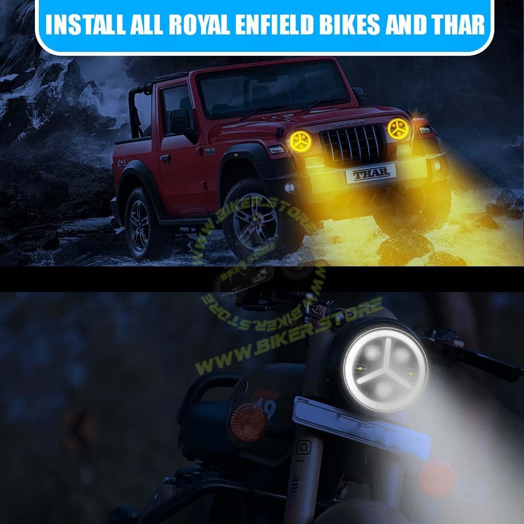MOTO GENIUS 7 Inch Y Round LED Round Headlight for Royal Enfield & Thar | High/Low Beam, Waterproof, Luminous Mode, Acrylic & Aluminum Construction, Durable, DRL, Bright LED (Y Design) - Biker.Store - www.biker.store