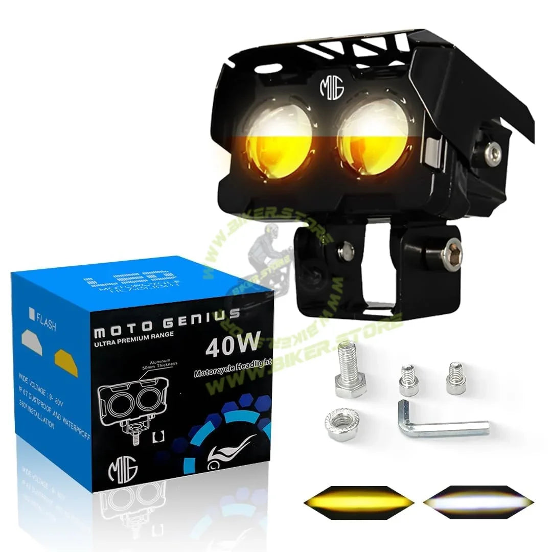 MOTO GENIUS 2 LED Fog Light Projectors, 40W Dual Beam (Hi/Lo), White & Yellow Light, IP67 Waterproof, Universal Fit for Car, Bike, Motorcycle and Scooter (Pack of 1) - Biker.Store - www.biker.store
